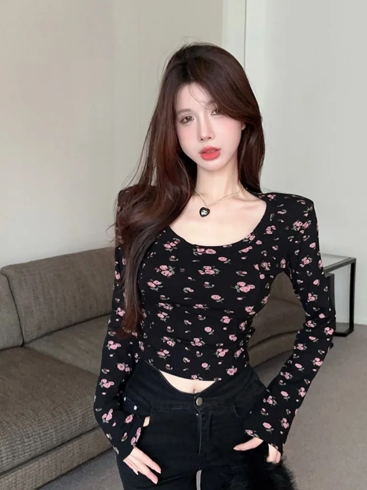 

Spicy Girl U-Neck Backless Floral T-Shirt Women's Autumn Pure Desire Design Slimming Long Sleeve Base Shirt Korean Style Holl...