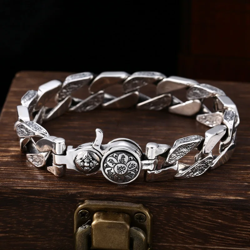 S925 sterling silver jewelry stylishtrendy rotatable six-character mantra silver bracelet thick thai silver retro