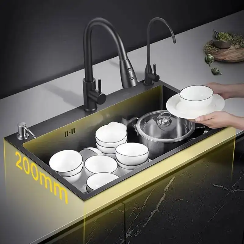 Bathroom Black Nano Kitchen Sink Sinks Stainless Steel Single-slot Undercounter Basin Washbasin Modern Home Kitchen Accessories