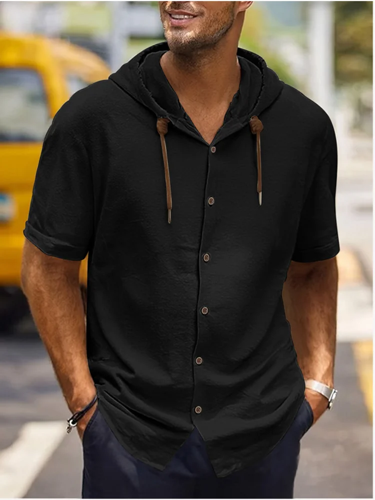2025 Men's shirts Cotton and linen Hooded short sleeved shirt Breathable casual lightweight cardigan jacket Hot sale Men's wear