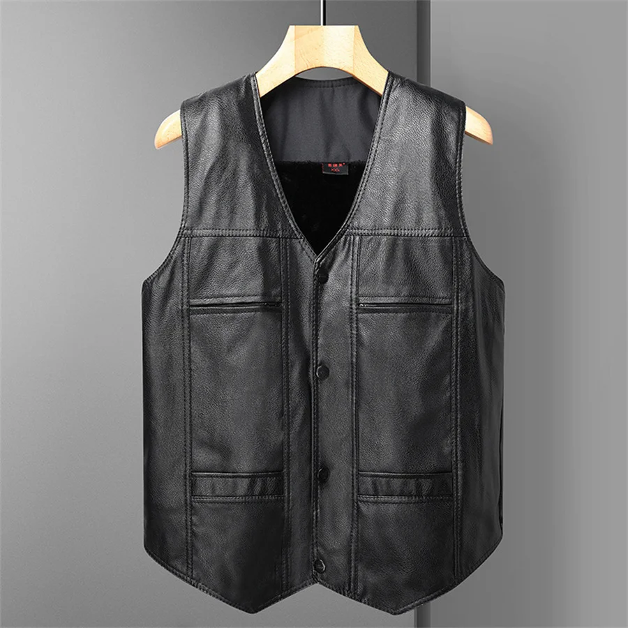 

2026 New Men's PU Leather Vest V-neck Motorcycle Waistcoat Winter Warm Fleece Sleeveless Thick Jacket Single Breasted Streetwear