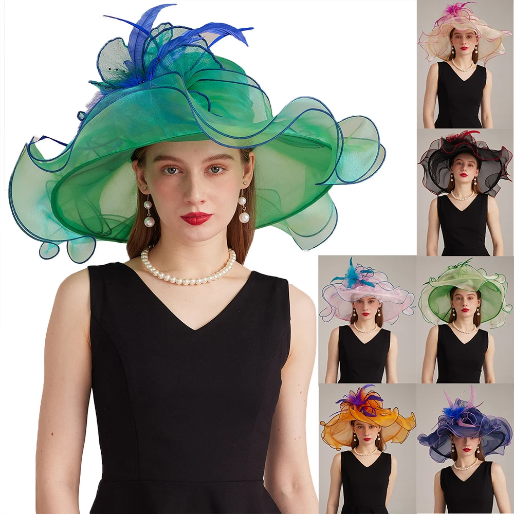 FS Navy Green Church Hats For Women Elegant Organza Wide Brim Kentucky Derby Hat Ladies Formal Wedding Bride Cap Chapeau Femme