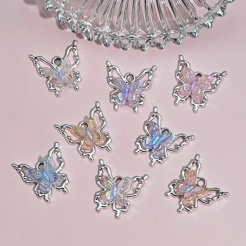 10PCS 15x6mm Hollow Double Layer Butterfly Alloy Pendants,Aurora Shiny Wings Charms,DIY Keyring Bag Charm Handcraft Accessories
