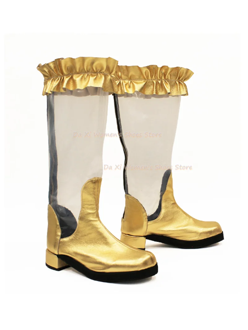Transparent  Metallic Gold Ruffle Trim, Square Toe Block Low Heel, Cosplay Stage Women Boots Women's luxurious Winter Boots