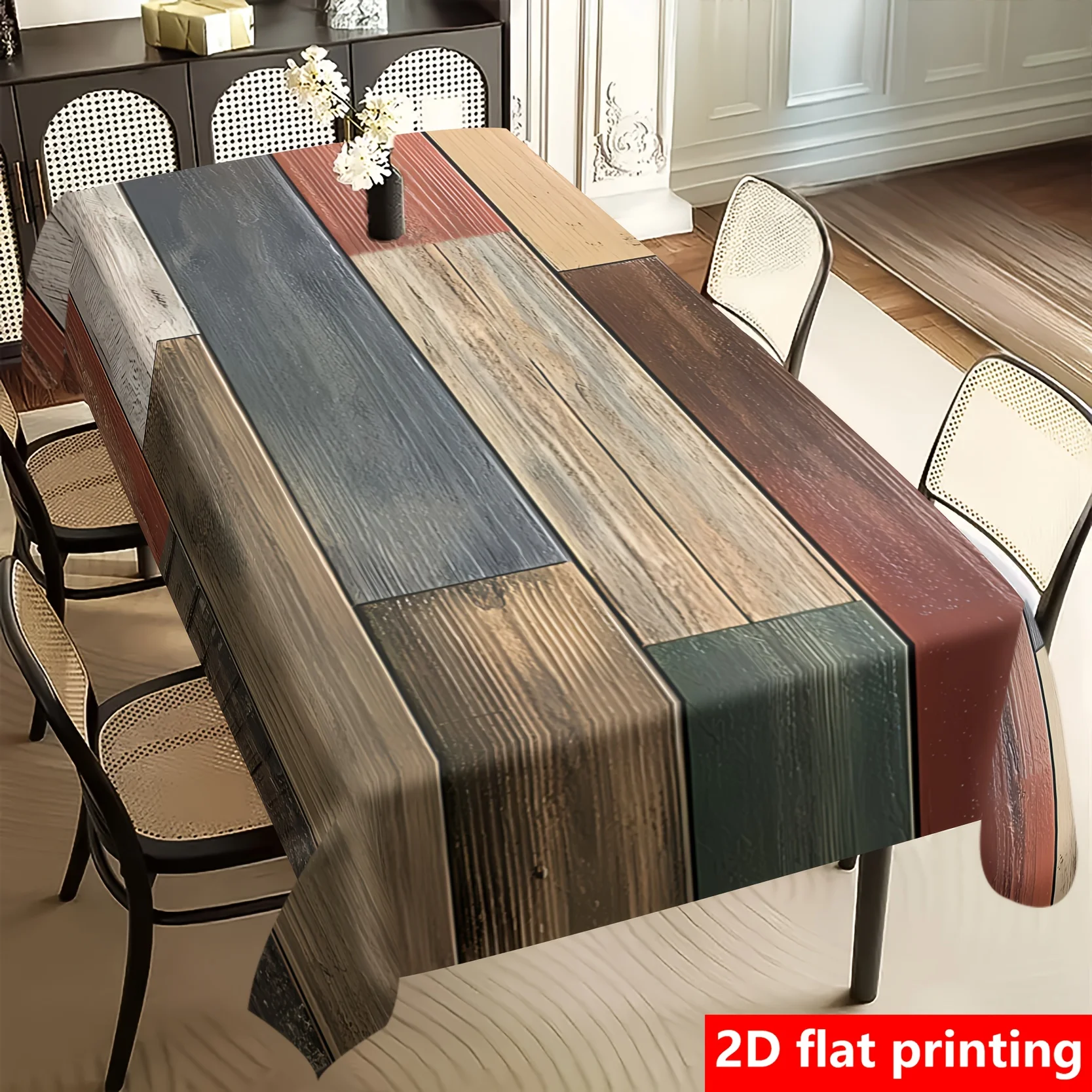 Printed on a flat surface, one piece of a retro wood-grain designed rectangular tablecloth, with modern artistic design