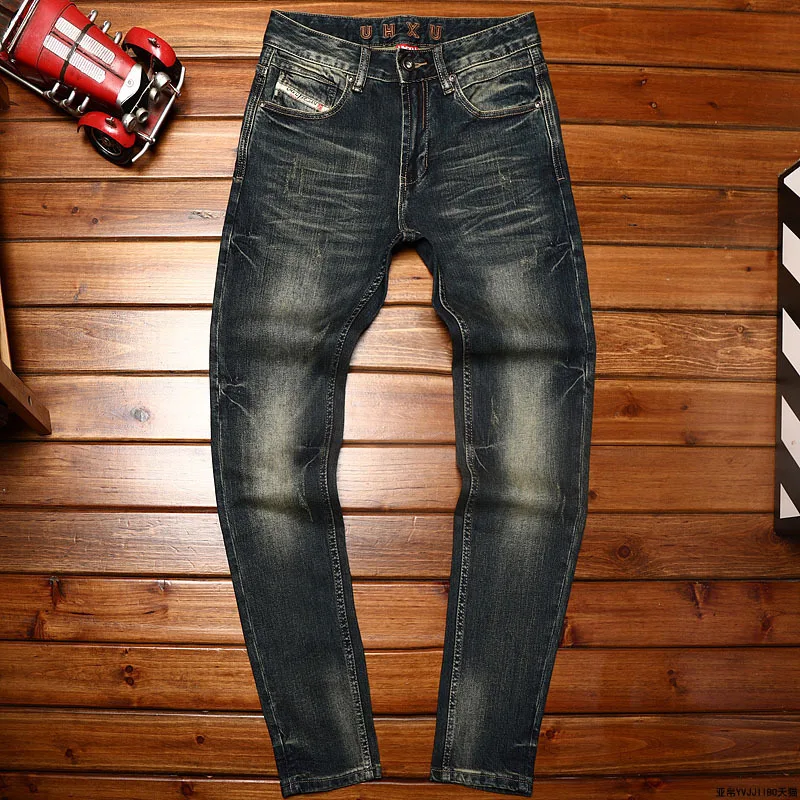 Vintage Nostalgic Men's Slim Fit Straight Jeans Spring Autumn Elastic Versatile Casual Fashion Classic Street Long Pants