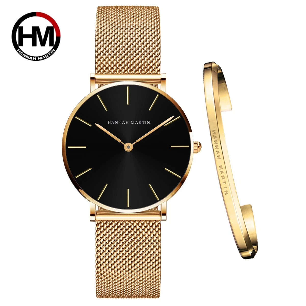 HANNAH MARTIN Brand 1Set Gift Women Bracelet Watch Japan Quartz Movement 36mm Stainless Steel Mesh Gold Watches Relogio Feminino