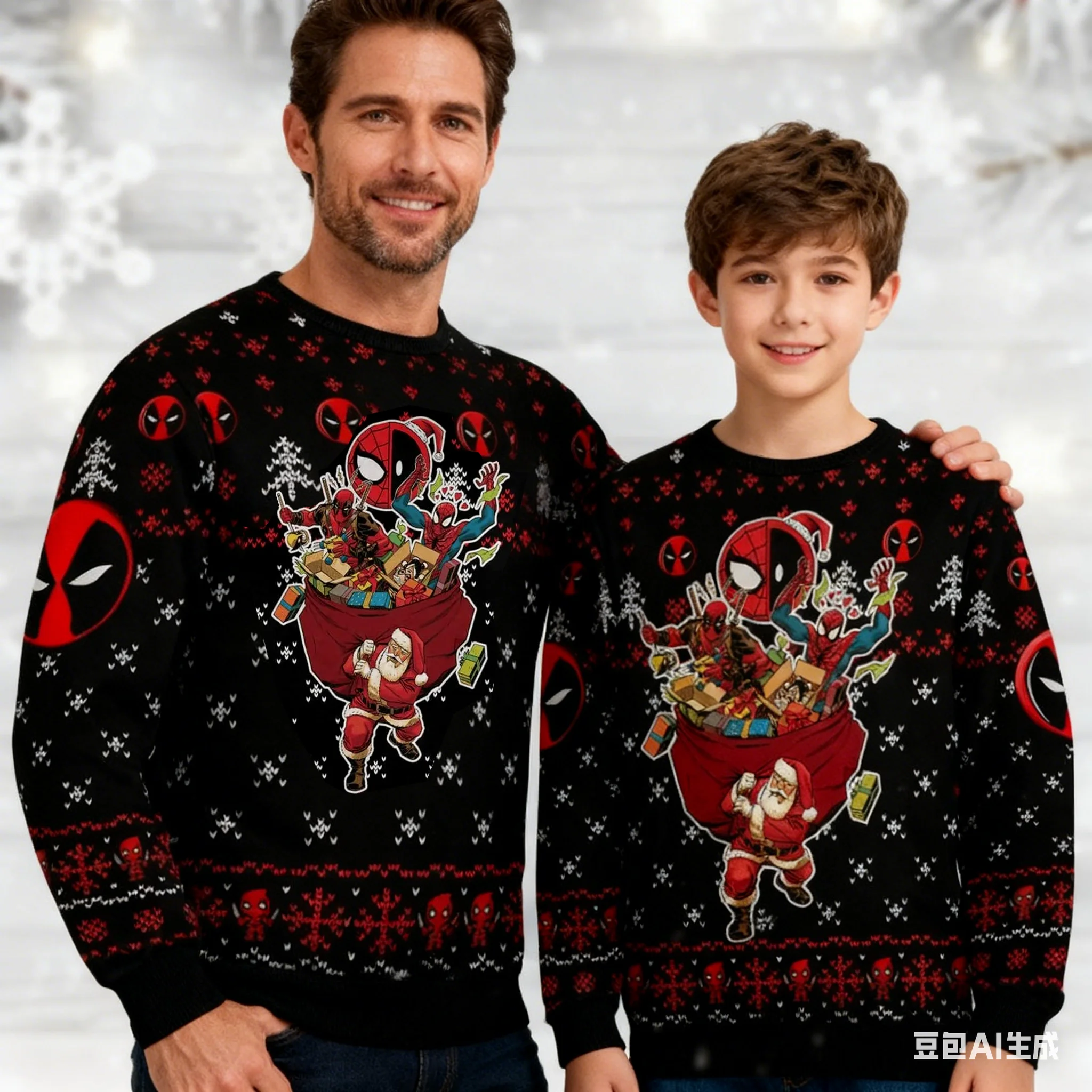 

New Spider Man Deadpool Ugly Christmas Sweater Hero Sweater Comfortable Casual Family Gathering Parent Child Round Neck Hoodie
