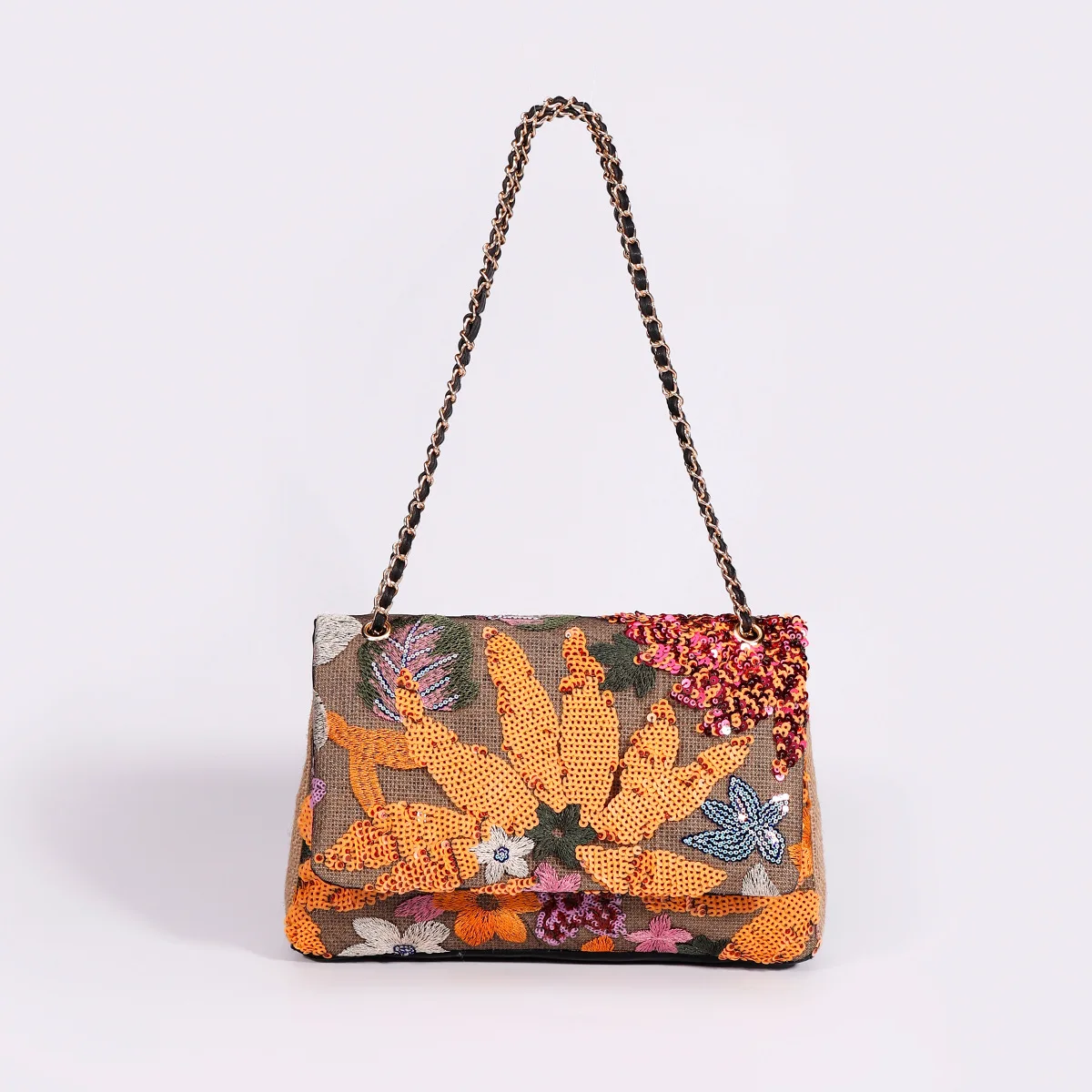 HIGHFOCAL Women Straw Sequin Underarm Flower Pattern Bag Large Capacity New Style Braided Chain Crossbody Border Shoulder Bag C1