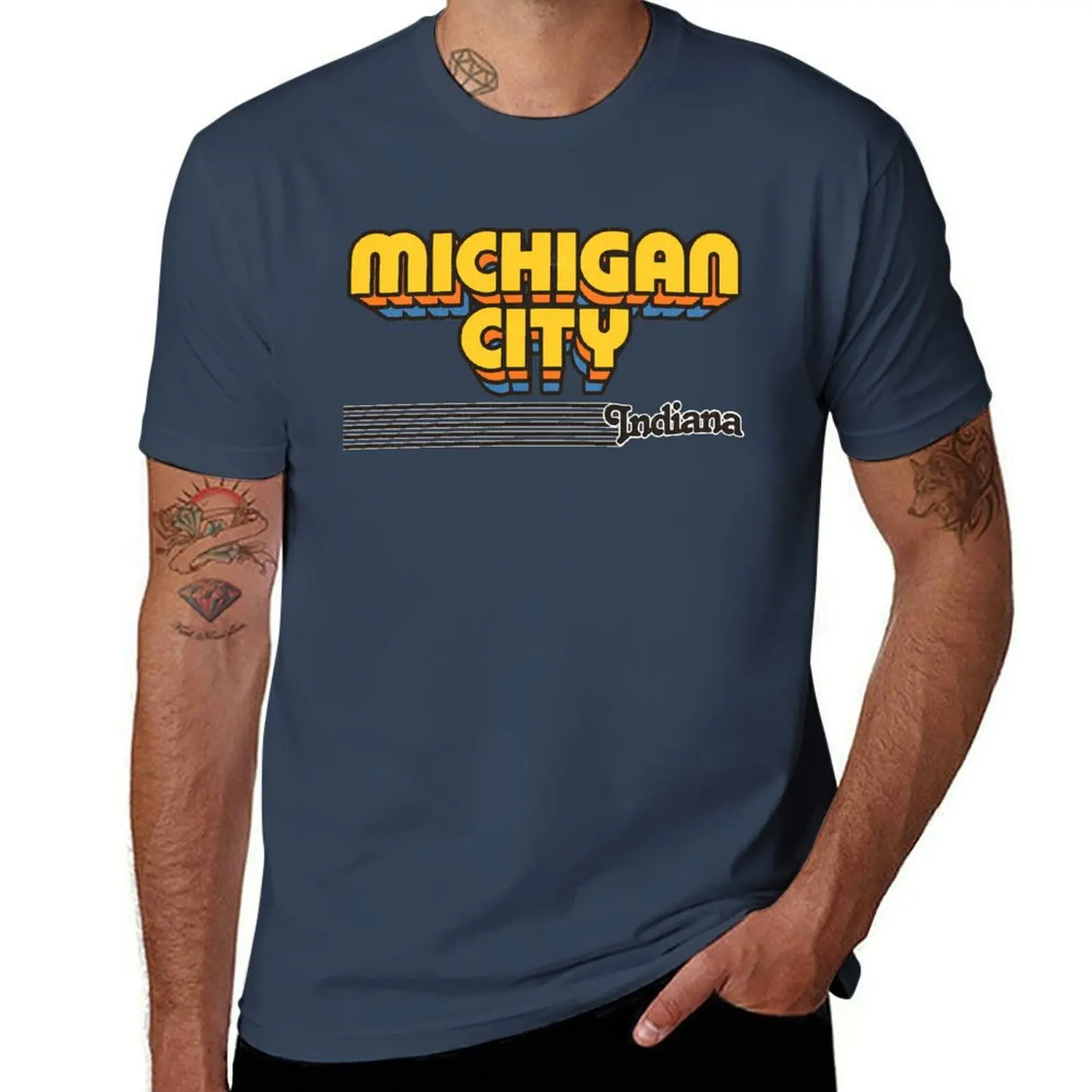 

Michigan City, Indiana Retro Stripes T-Shirt croswit shirt man graphic shirts luxury clothes men
