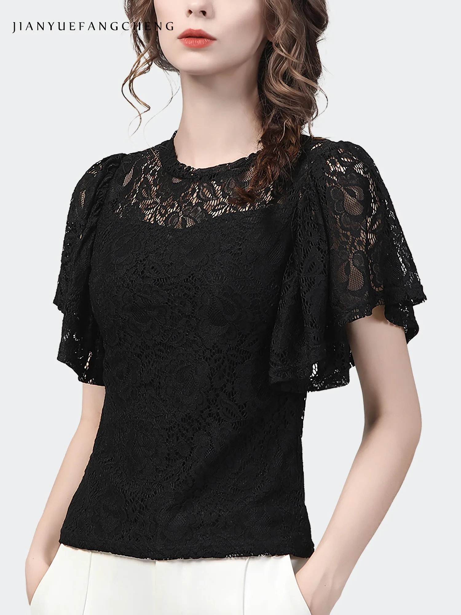 2023 Summer Short Sleeve Black Lace Top Women Crew-Neck Flying Sleeve Design Elegant Slim Hollow Out Vintage Casual Blouses