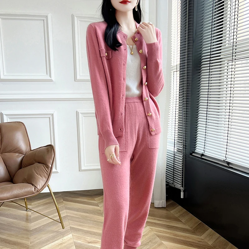 100% Pure Wool Crew Neck Cardigan Set For Women Spring And Autumn Sports Casual Stylish Knitted Slim-Fit Pants Two-Piece Set