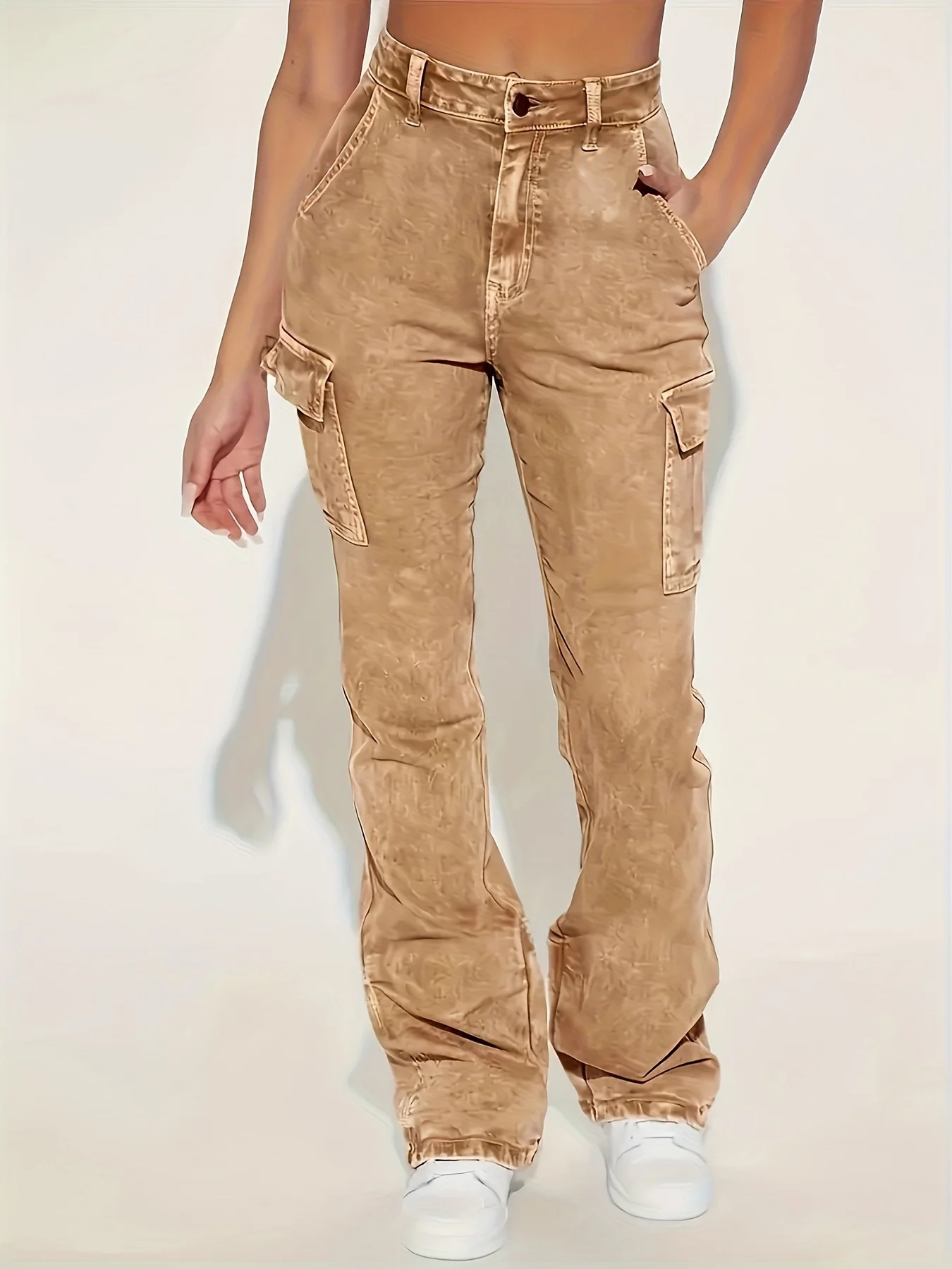 

Women's washed vintage patch pocket casual retro light khaki slightly flared denim pants