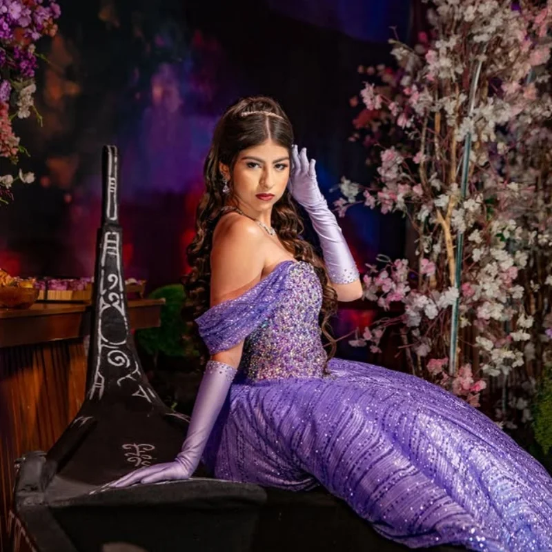 

Shiny Purple Quinceanera Dress off-shoulder crystal Decal Long tail Vestidos De 15 Quinceanera ﻿Customize