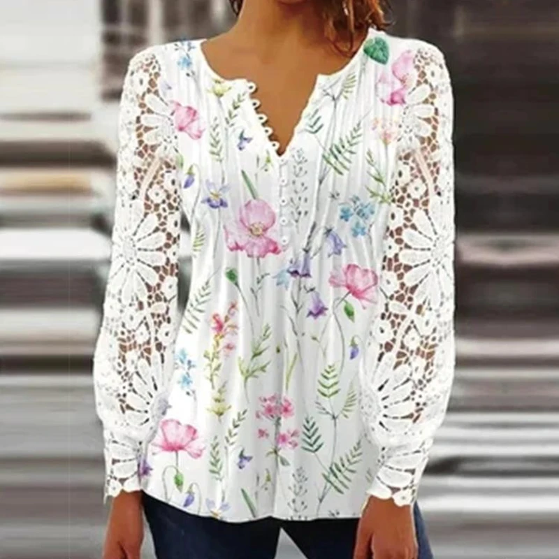 

Fashion Lace Long Sleeve Shirts Spring Women V Neck Elegant Printing Blouse Female Blusas Hollow Out Stitching Ladies Tops 24817