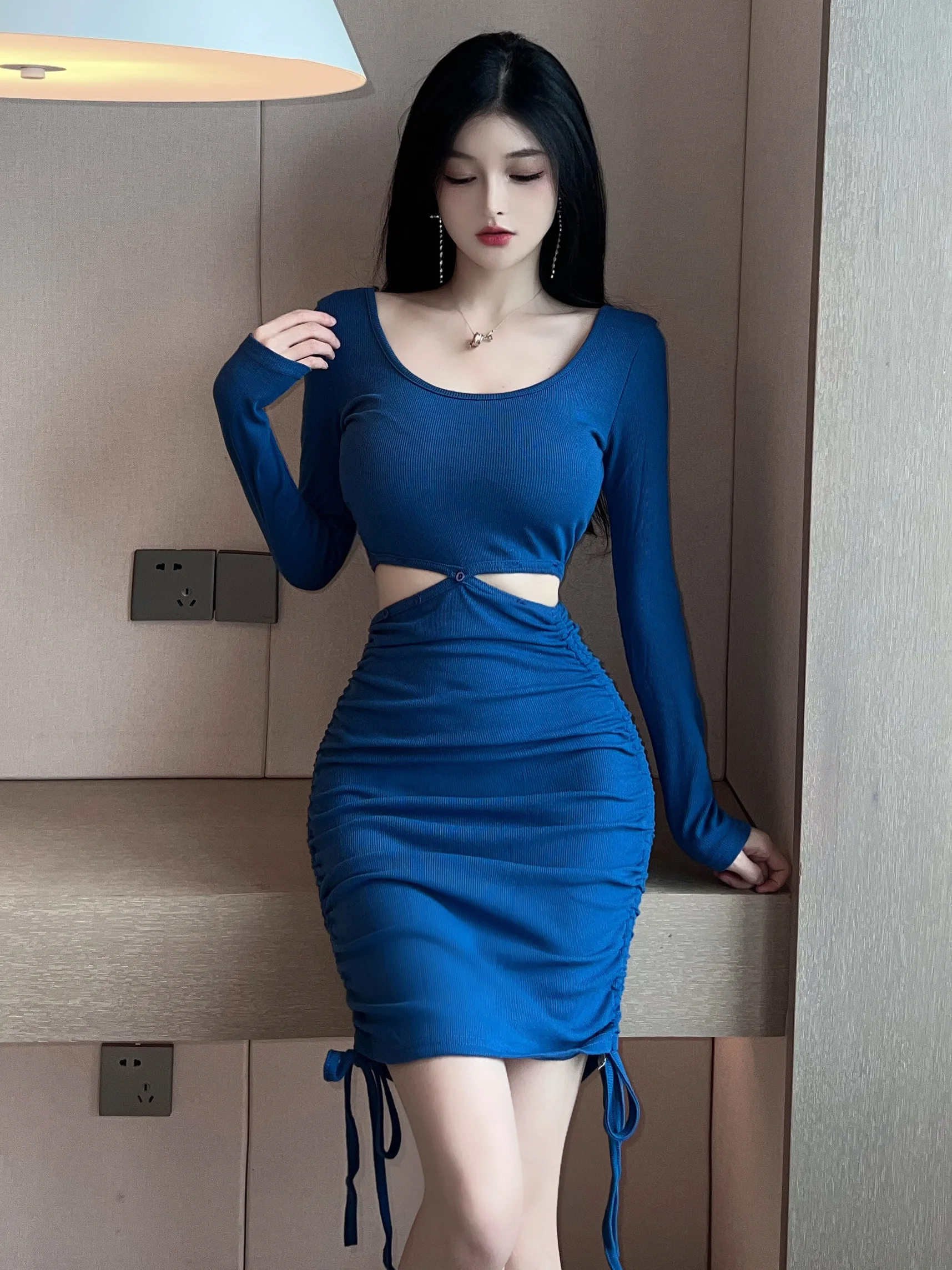 Sexy Pure Desire Long Sleeve U Neck Body Shaping T Shirt Top with Drawstring Half Skirt Fashion Set High Waist Casual Wear fo...