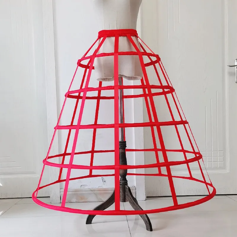 5 Hoop Hollow Caged Petticoat Victorian Wedding Bridal Dress Skirt Support Women Cosplay Crinoline Underskirt Red