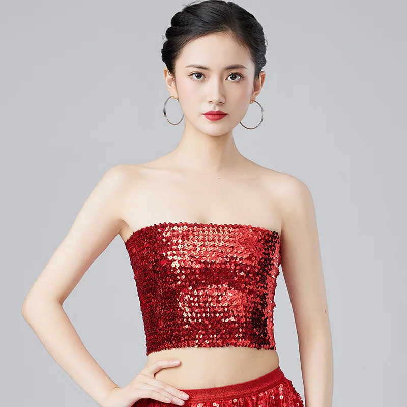 Sexy Gouden Pailletten Strapless Chic Crop Top Vrouwen Glanzende Stretch Party Clubwear Pailletten Tube Top Bandeau Tank Top Danskostuums