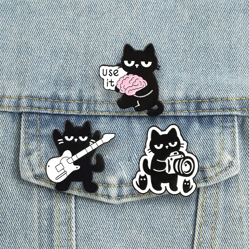 Sassy Black Cats Enamel Pins Photographer Guitar Brooches Lapel Badge Cool Fun Animal Jewelry Gift for Fans Readers