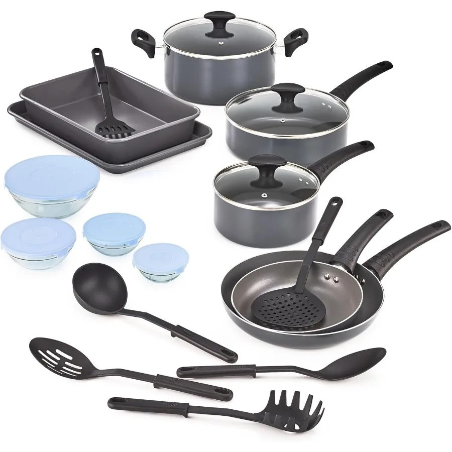 

Nonstick Cookware Set with Glass Lids for Home Kitchen Use Aluminum Bakeware Pots and Pans with Storage Bowls and Utensils Dura