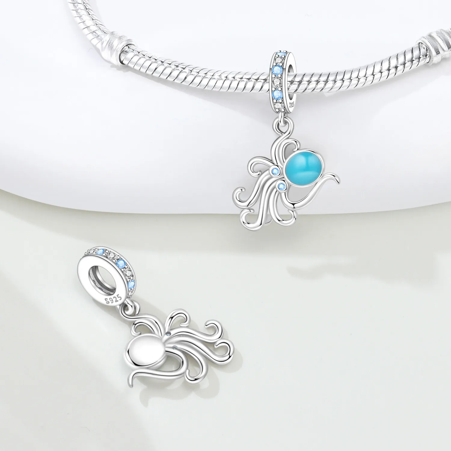 MISEFF S925 Sterling Silver Charm Marine Life Octopus Pendant Glow-in-the-Dark For Bracelet DIY Jewelry Making Women Gift