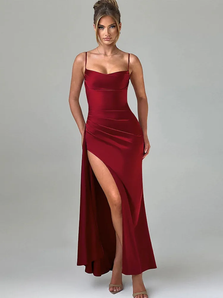 Mozision-Robe Longue de Soirée en Satin pour Femme, Élégante, Fendue, Sexy, Maxi, Bretelles Spaghetti, Dos aux