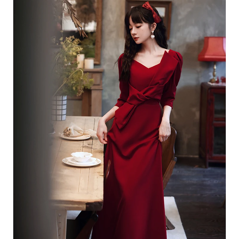 

Red Long Sve Wedding Dr Simple Ele Summer Bridal Gown Women's High-End Feeling Suitable for Engagement And Wedding
