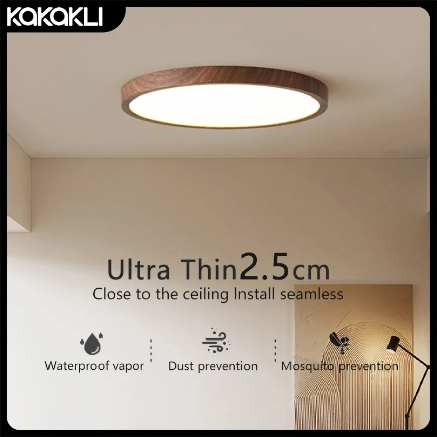 Circular Ultra-thin LED Ceiling Light Creative Walnut Grain Decorative Light Living Room Bedroom Study Balcony Indoor Home Light