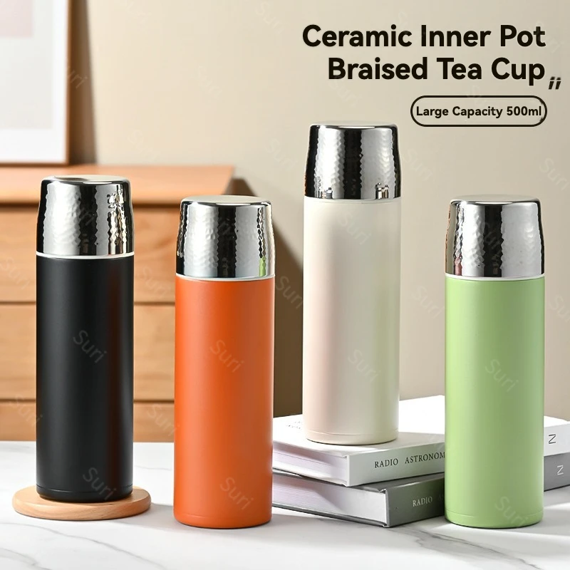 

Stainless Steel Ceramic Liner Vacuum Tea Tumbler 500ml Dual Drinking Modes Leakproof Thermal Flask for Hot Cold Drinks Portable