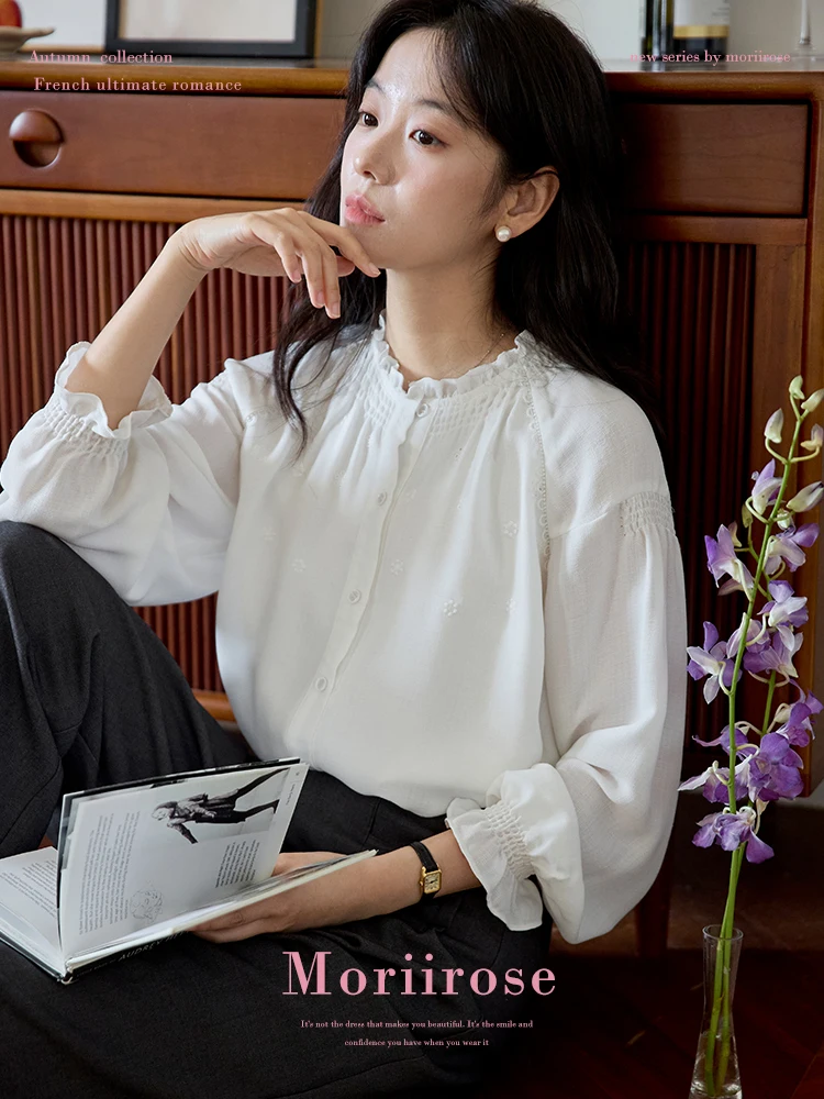 

Белая женская блузка Moriirose с длинным рукавом и вышивкой, винтажный стиль, из хлопка и полиэстера, комфортная, дышащая