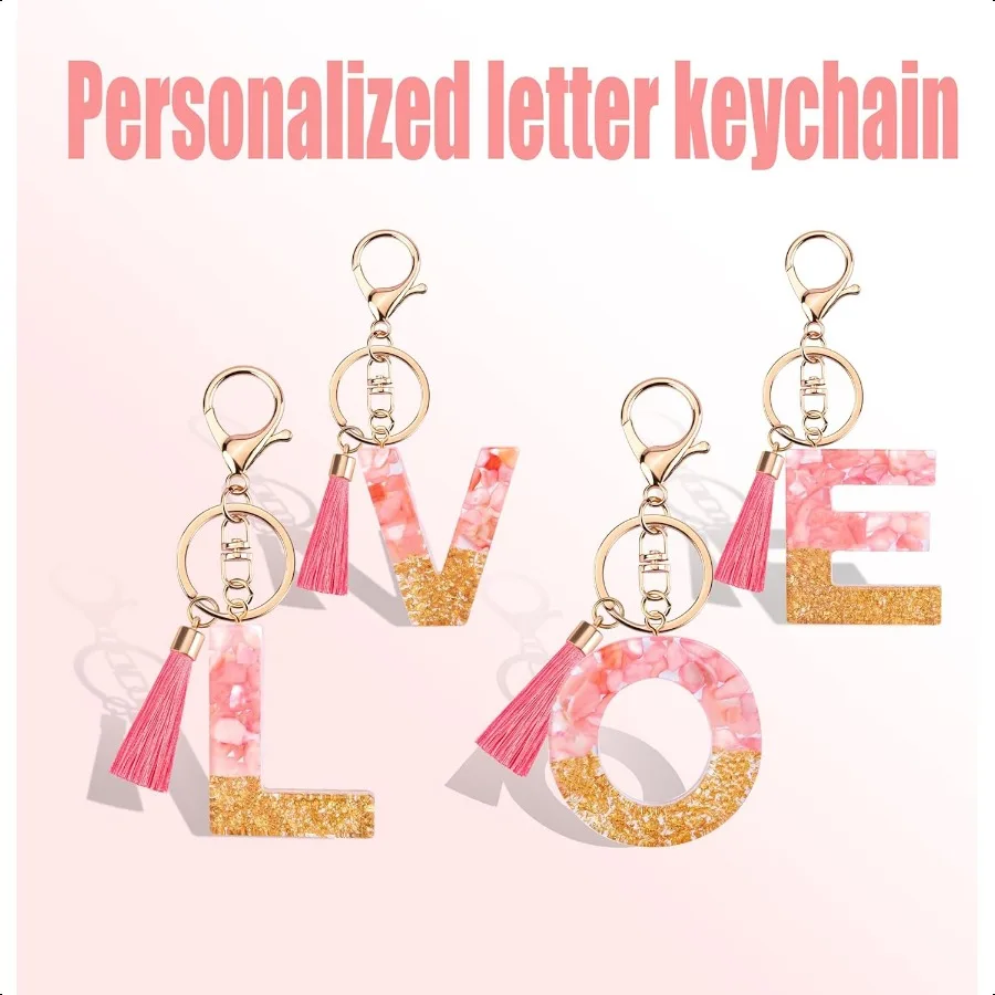 Suweibuke lindos llaveros rosas para mujeres niñas llaveros con letras iniciales con dijes de borlas para llaves monedero bolsos mochilas
