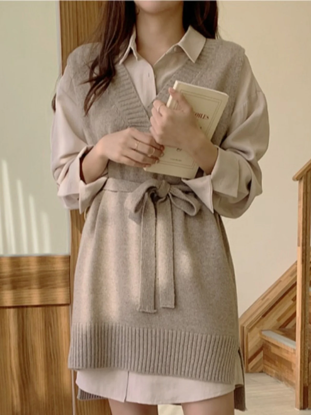 

Spring Autumn Knitted Vest Sweater Collar irt Dr Women Waist Cinching Faionable Two Piece Set Long Sve