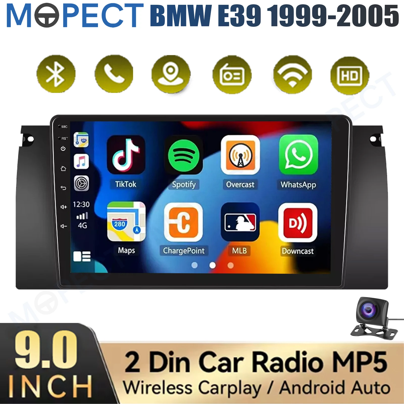 MOPECT 9" autoradio Android 15 4+64GB voor BMW 5-serie E39 7-serie E38 X5 E53 WiFi CarPlay GPS navigatie head unit AM/FM/BT+DAB&camera