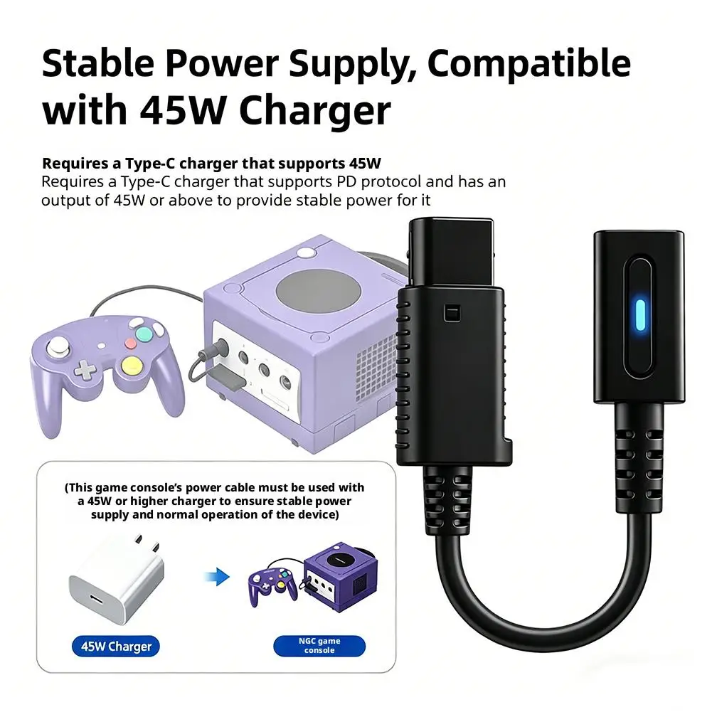 1 Cable Adaptador de Alimentación USB-C PD para GameCube, Convertidor de Puerto de Alimentación Hembra Tipo-C a NGC, Compatible con Cargador PD de 45W+