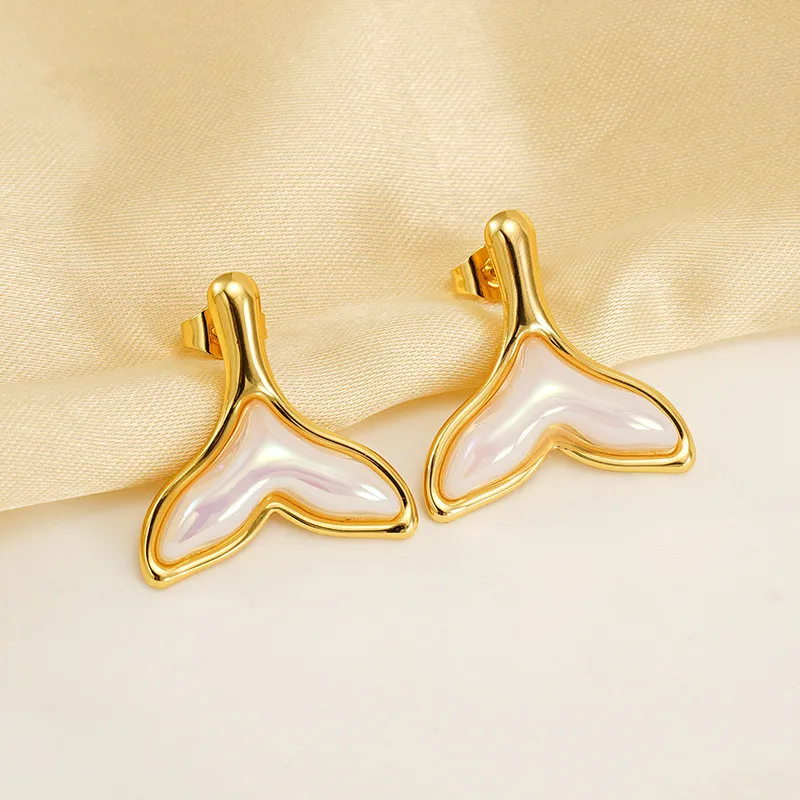 أقراط مرصعة بنمط الحوت المحيط البسيط للنساء ، فولاذ مقاوم للصدأ 316L ، مجوهرات راقية ، لآلئ راتنج مدمجة ، موضة جديدة ، #3