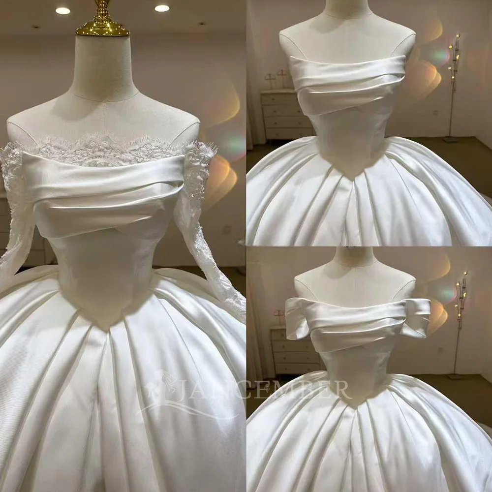 Abiti da sposa a maniche lunghe semplici personalizzati con abito da ballo per la sposa 2026 3 in 1 Promozione in raso Cappella Train robe de mariée