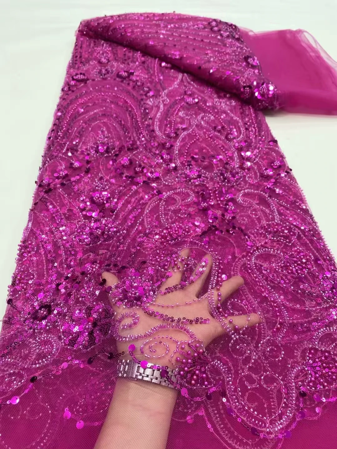 

NDPN389 Розовый фуксия! Оптовая продажа африканского сетчатого кружева с блестками и бисером, хорошее качество вышитого французского тюлевого кружева для женского платья