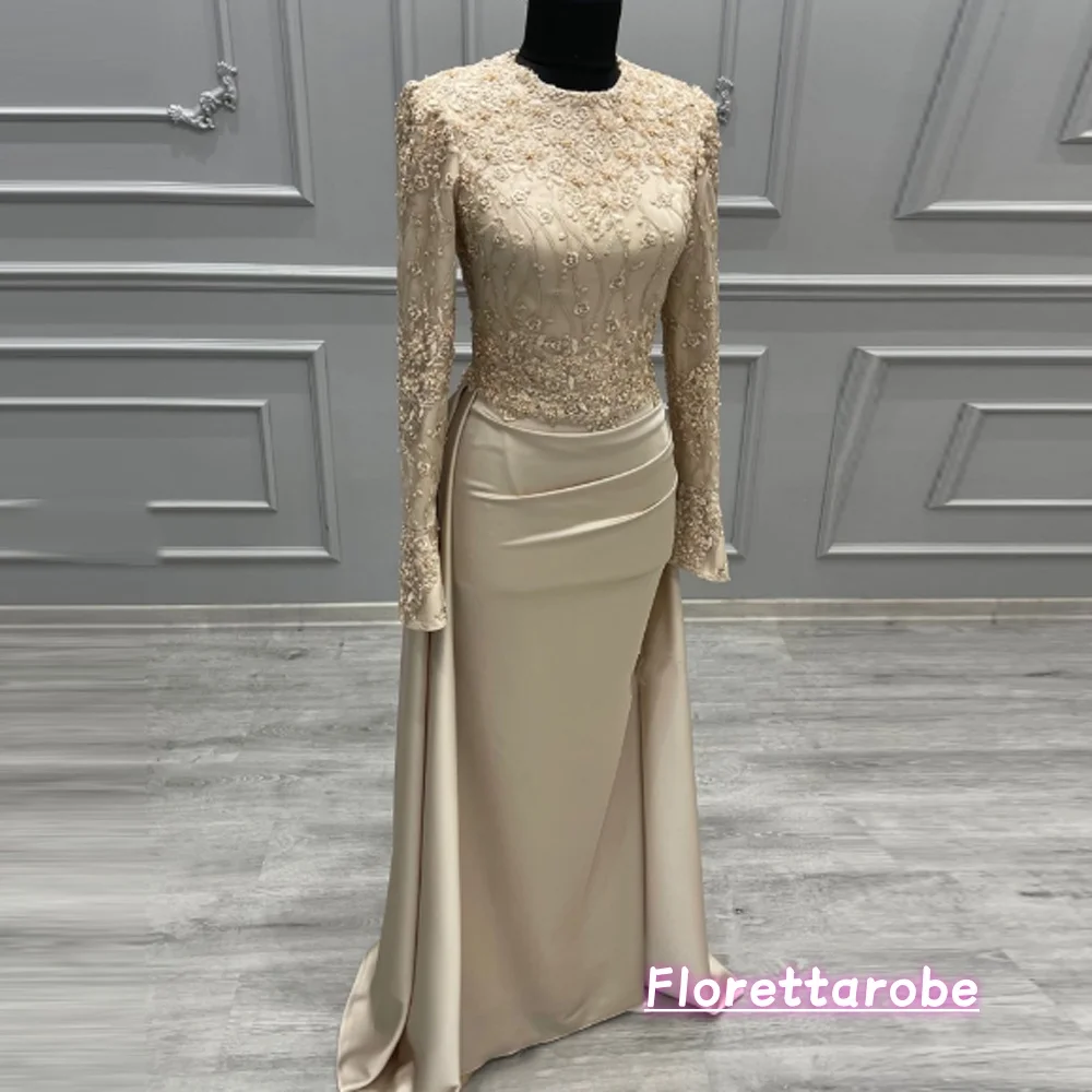 Florettarobe Muslimisches Abendkleid mit langen Ärmeln, elegantes arabisches O-Ausschnitt, Spitzenapplikationen, Satin-Robe de Soirée, Abendkleid, individuell gestaltet