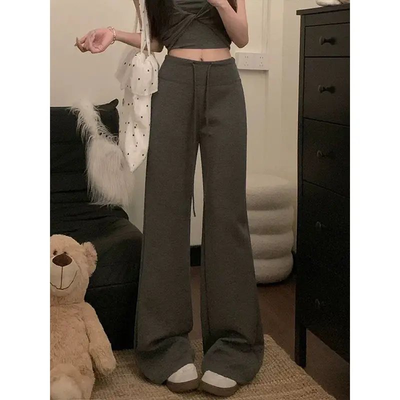 2025 النساء عالية الخصر بنطال ذو قصة أرجل واسعة ربيع الخريف الإناث رمادي الرياضة فضفاض السراويل موضة السيدات بناطيل كاجوال لينة مريحة #4