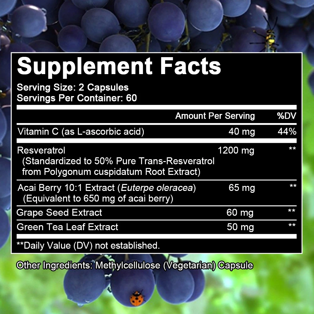 Resveratrol Capsules - Antioxidants Supplement, 1200mg Resveratrol with Grape Seed, Overall Health Support for Men and Women