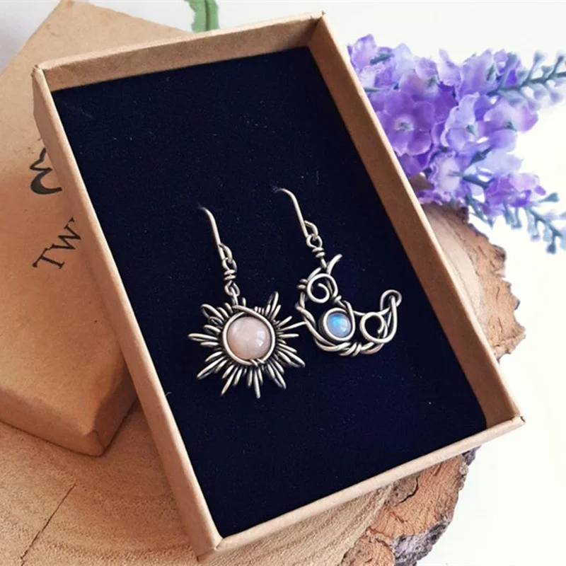 Fashion Bohemia Sun And Moon Earrings Silver Color Round Crystal Drop Earrings Women Female Boho Jewelry Gift For Her