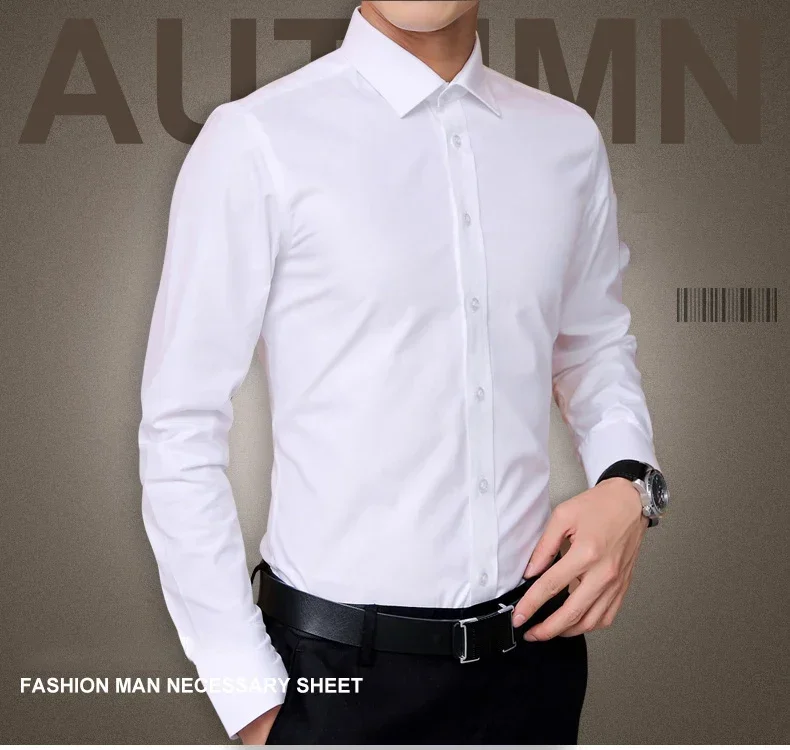 

Men Fashion Blouse Shirt Long Sleeve Business Social Shirt Solid Color Turn-neck Plus Size Work Blouse Brand Clothes