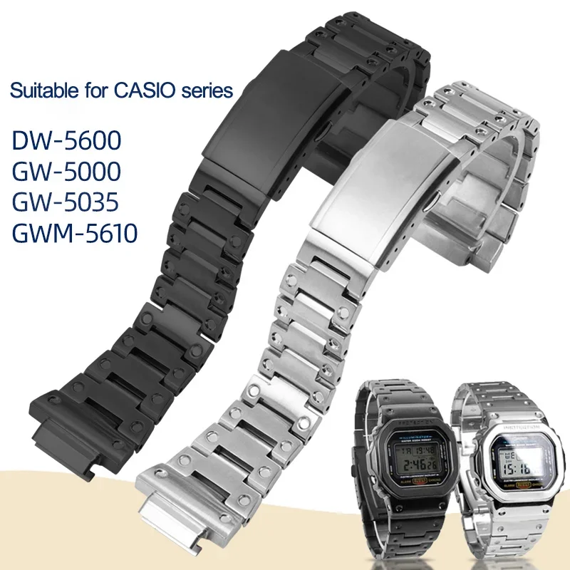 For CASIO G-Shock Fine Steel Watchbands  GW-5000 5035 DW5600 GWM5610 Men's Black Silver Watch Strap16mm