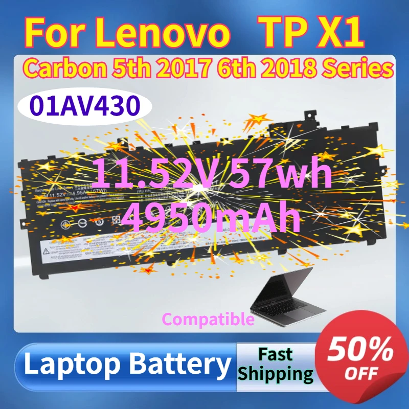 01AV430 57Wh Laptop Battery for Lenovo TP X1 Carbon 5th 2017 6th 2018 Series 01AV494 01AV429 01AV431 SB10K97586 SB10K97587
