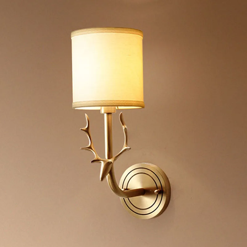 

Nordic Classic Living Room Copper Deer Head Wall Lamp Bedside Simple Design Aisle Corridor Elk Fabric Led Lighting