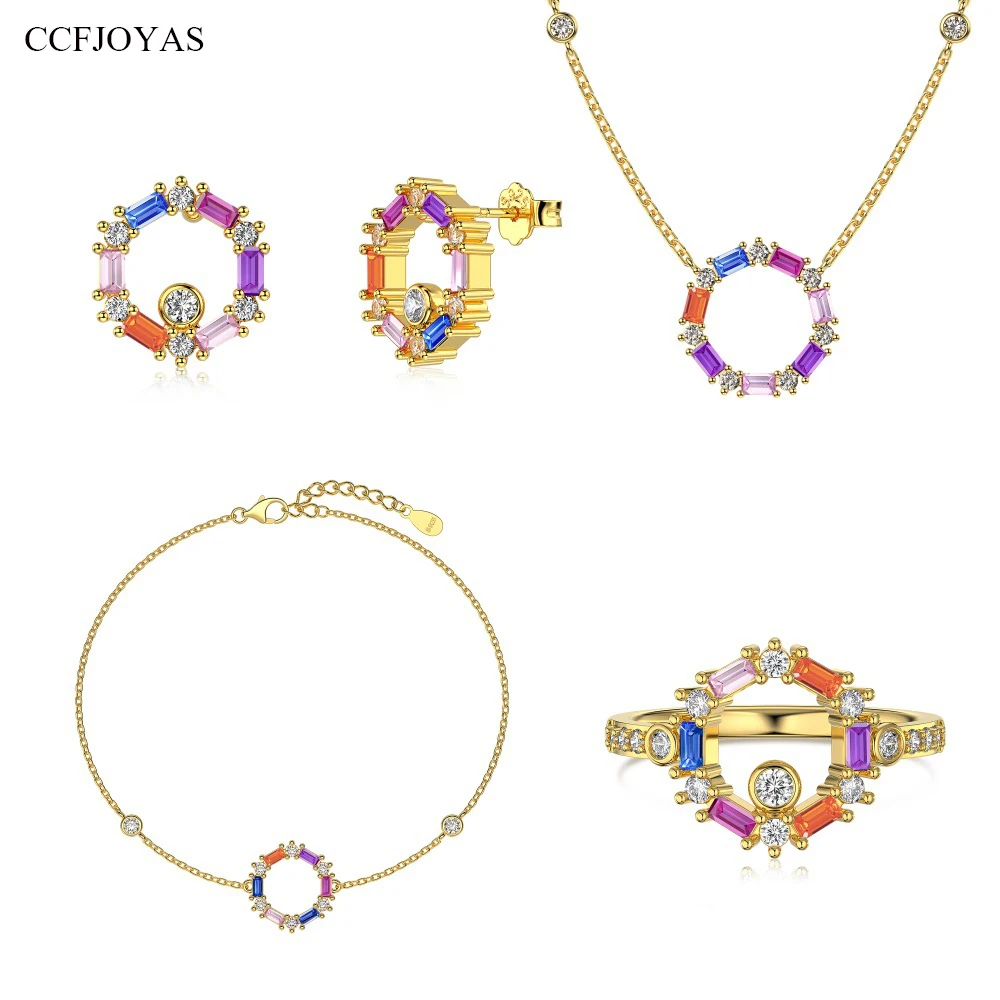 

CCFJOYAS 925 Стерлинговое Серебро Геометрические полые круглые красочные циркониевые серьги/ожерелье/браслет/кольцо комплект женских свадебных ювелирных изделий