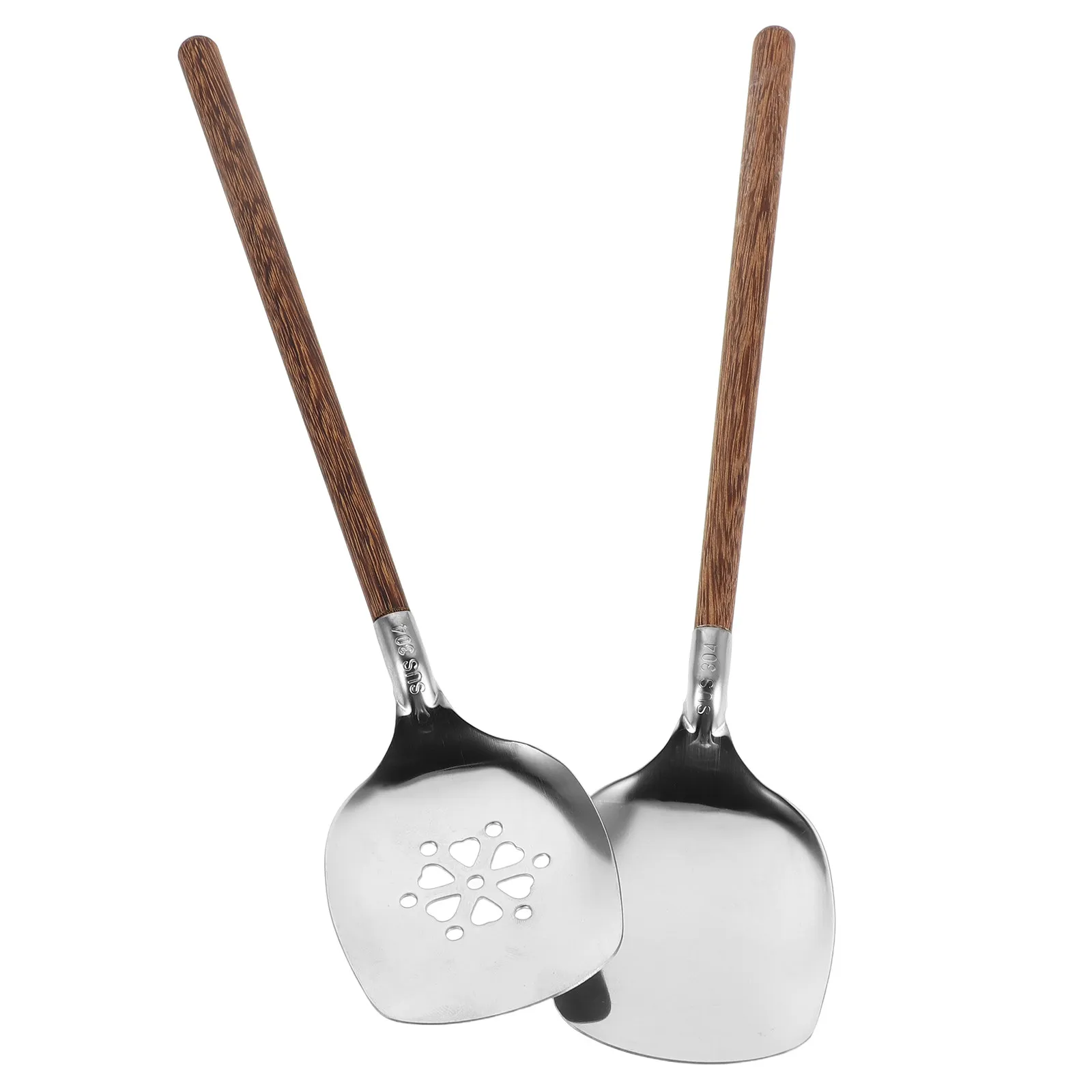 2Pcs Slotted Stainless Steel Serving Spoons 11.8x2.4in Wood Handle Perforated Buffet Kitchen Utensils Restaurant Catering