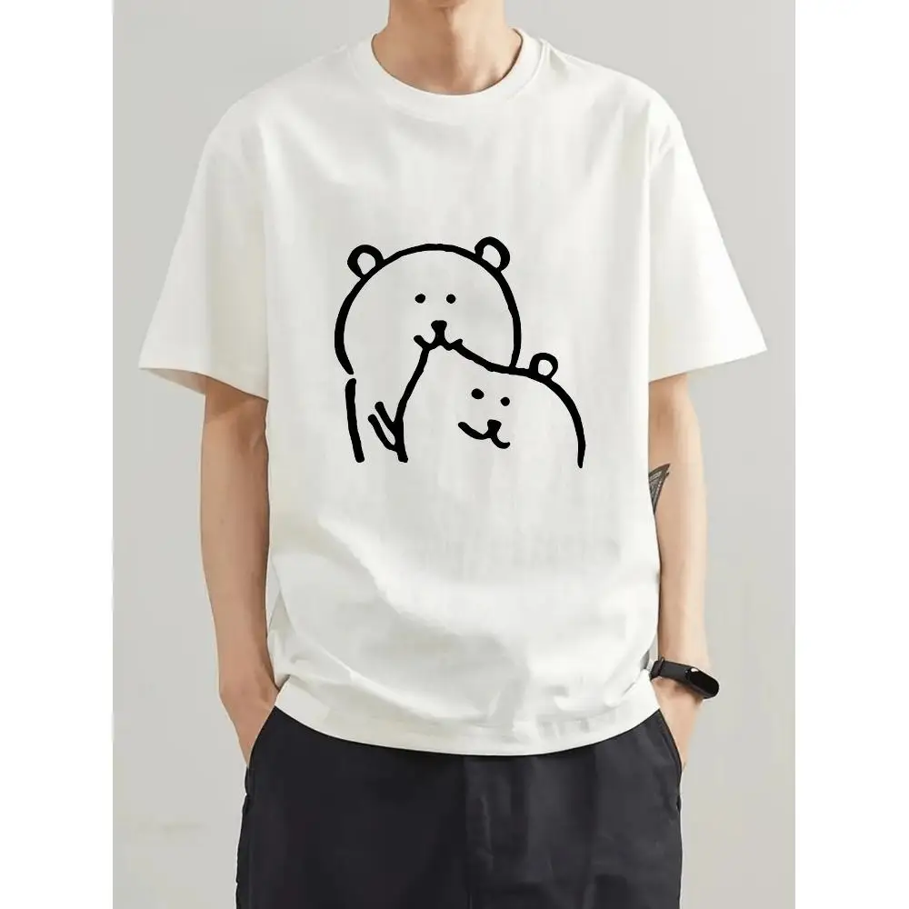 Men Tshirt Simple Cartoon Line Drawing Short Sleeve Round Neck Cotton Casual Summer Fashion Basic Tee Streetwear Breathable