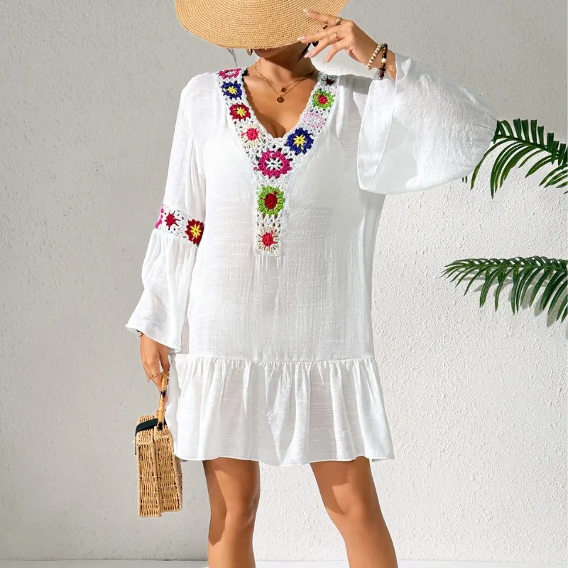 

Женское богемное платье с V-образным вырезом, вязаное крючком, с цветочным узором, расклешенными рукавами и оборками по низу, пляжная накидка, повседневное мини-платье для отпуска