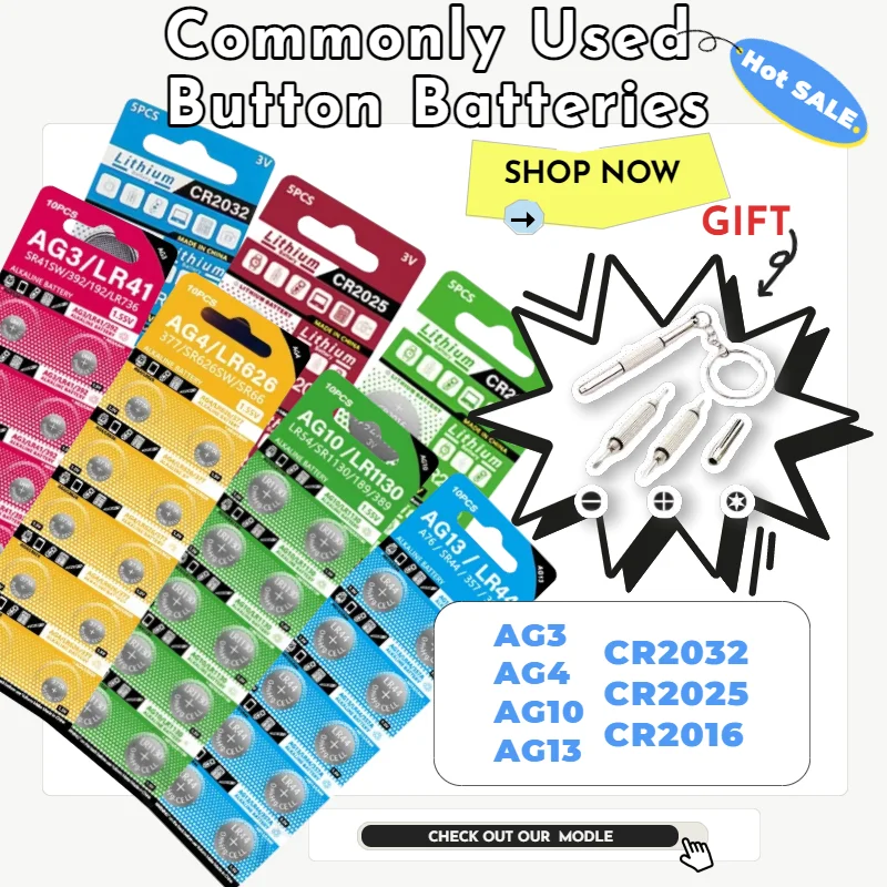 

CR2032 CR2025 CR2016 Lithium Batteries 3V - LR44 LR41 AG13 Coin Cell for Car Key Fob Remote, Watch, Calculator, Toys